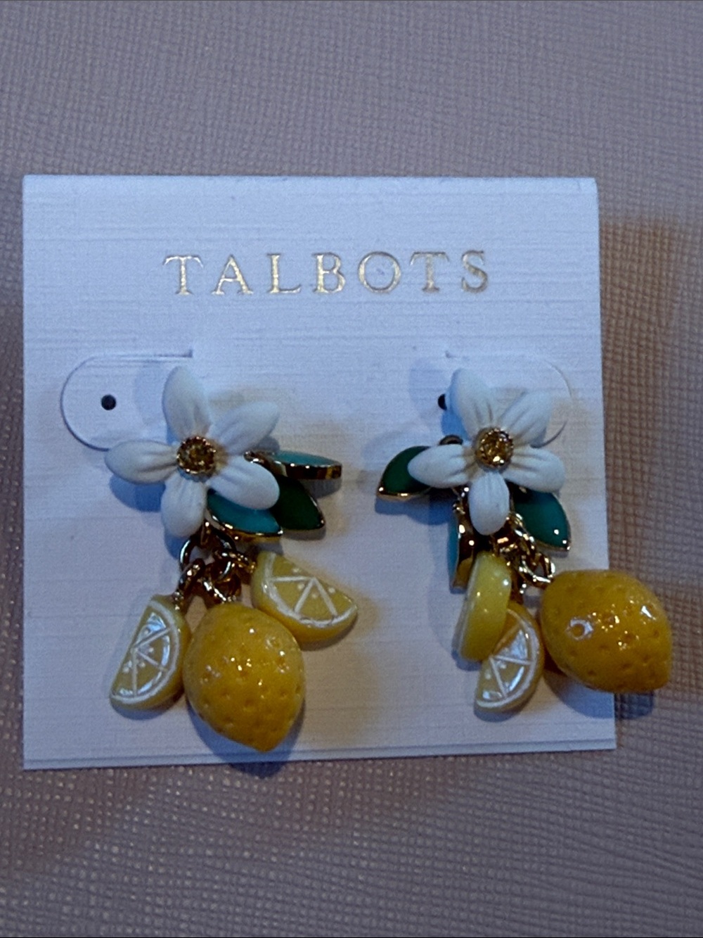 Talbots White Floral Lemon Dangle Earrings with Green Leaves